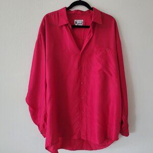 Vtg 80s City Streets 100% Silk Tunic Top L Red Blouse Button Up Oversized Shirt